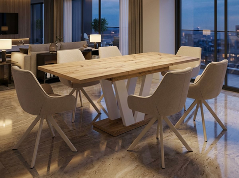 Essgruppe Lara White - Eiche Artisan mit 6 Stühlen in Leinen Beige mit beigem Gestell für 6 Personen