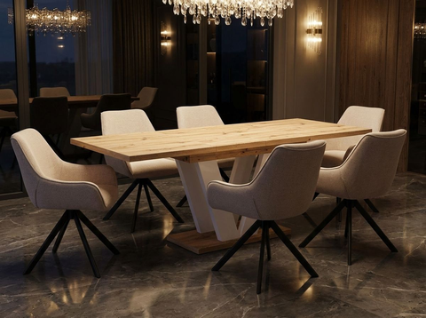 Essgruppe Lara White - Eiche Artisan mit 6 Stühlen in Leinen Beige für 6 Personen