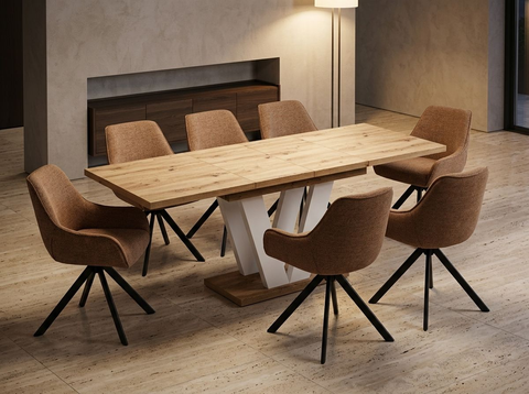 Essgruppe Lara White - Eiche Artisan mit 8 Stühlen in Chenille Orange für 8 Personen