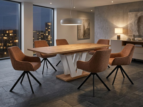 Essgruppe Lara White - Eiche Artisan mit 6 Stühlen in Chenille Orange für 6 Personen