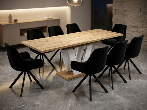 Essgruppe Lara White - Eiche Artisan mit 8 Stühlen in Samt Schwarz für 8 Personen
