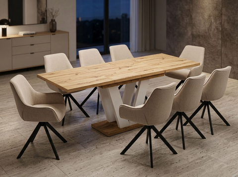 Essgruppe Lara White - Eiche Artisan mit 8 Stühlen in Leinen Beige für 8 Personen