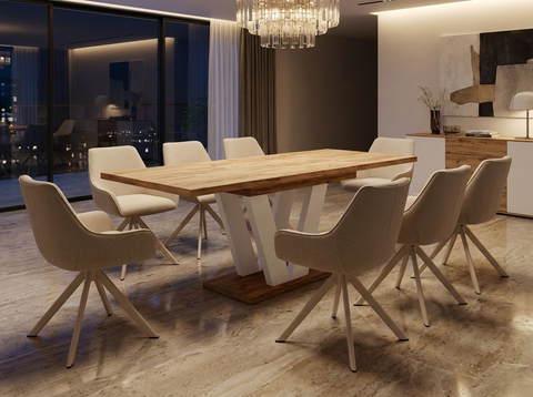 Essgruppe Lara White - Eiche Craft Gold mit 8 Stühlen in Leinen Beige mit beigem Gestell für 8 Personen
