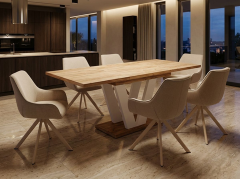 Essgruppe Lara White - Eiche Craft Gold mit 6 Stühlen in Leinen Beige mit beigem Gestell für 6 Personen