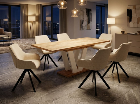 Essgruppe Lara White - Eiche Craft Gold mit 6 Stühlen in Chenille Cremeweiß für 6 Personen