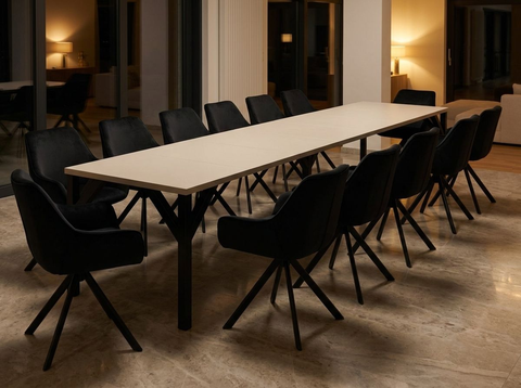 Essgruppe Dunaj - Kaschmir-Beige mit 14 Stühlen in Samt Schwarz für 14 Personen