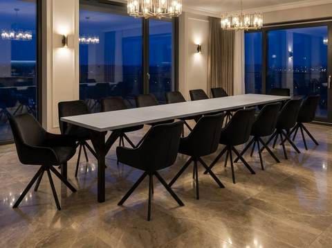 Essgruppe Dunaj - Kaschmir-Beige mit 14 Stühlen in Samt Schwarz für 14 Personen