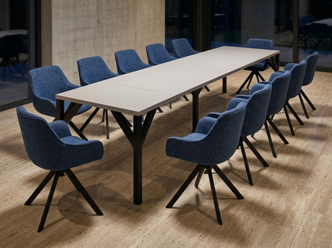 Essgruppe Dunaj - Kaschmir-Beige mit 12 Stühlen in Chenille Dunkelblau für 12 Personen