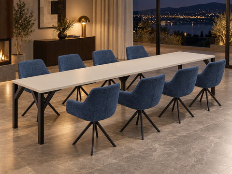 Essgruppe Dunaj - Kaschmir-Beige mit 8 Stühlen in Chenille Dunkelblau für 8 Personen