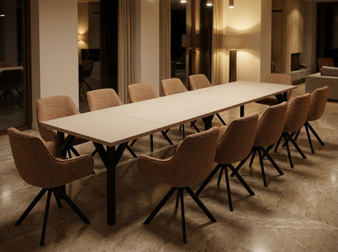 Essgruppe Dunaj - Kaschmir-Beige mit 12 Stühlen in Chenille Orange für 12 Personen