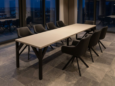 Essgruppe Dunaj - Kaschmir-Beige mit 8 Stühlen in Kunstleder Schwarz für 8 Personen
