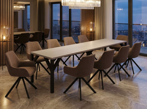 Essgruppe Dunaj - Kaschmir-Beige mit 10 Stühlen in Leinen Braun für 10 Personen