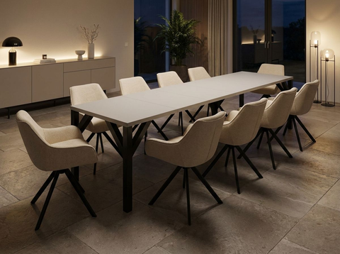 Essgruppe Dunaj - Kaschmir-Beige mit 10 Stühlen in Chenille Cremeweiß für 10 Personen