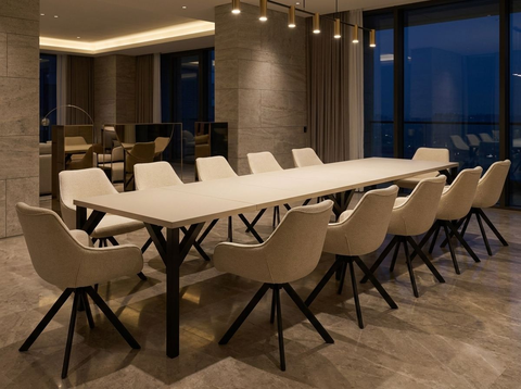 Essgruppe Dunaj - Kaschmir-Beige mit 12 Stühlen in Chenille Cremeweiß für 12 Personen