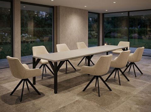 Essgruppe Dunaj - Kaschmir-Beige mit 8 Stühlen in Chenille Cremeweiß für 8 Personen