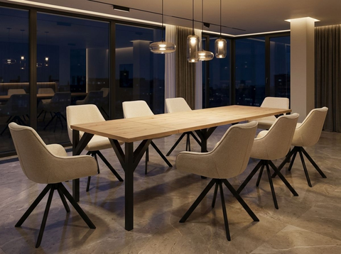 Essgruppe Dunaj - Kaschmir-Beige mit 8 Stühlen in Chenille Cremeweiß für 8 Personen