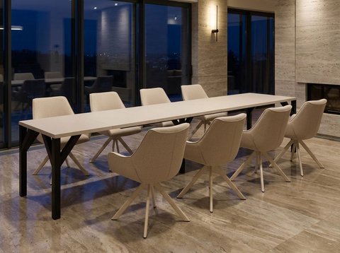 Essgruppe Dunaj - Kaschmir-Beige mit 8 Stühlen in Leinen Beige mit beigem Gestell für 8 Personen