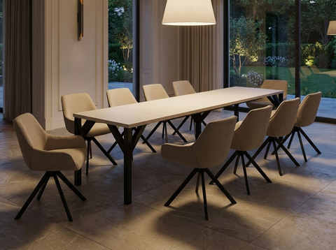 Essgruppe Dunaj - Kaschmir-Beige mit 10 Stühlen in Leinen Greige für 10 Personen