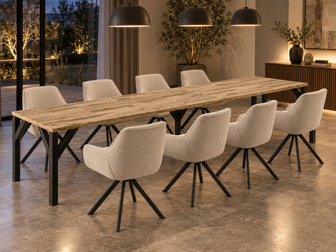 Essgruppe Dunaj - Eiche Wotan mit 8 Stühlen in Leinen Beige für 8 Personen