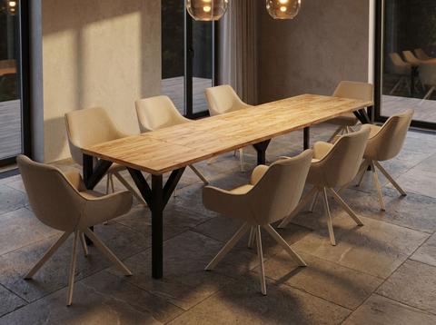 Essgruppe Dunaj - Eiche Craft Gold mit 8 Stühlen in Leinen Beige mit beigem Gestell für 8 Personen