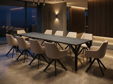 Essgruppe Dunaj - Beton Dunkel mit 8 Stühlen in Leinen Beige für 8 Personen