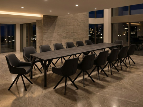 Essgruppe Dunaj - Beton Dunkel mit 14 Stühlen in Kunstleder Schwarz für 14 Personen