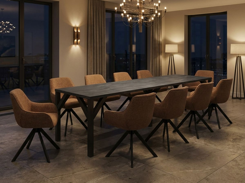 Essgruppe Dunaj - Beton Dunkel mit 10 Stühlen in Chenille Orange für 10 Personen