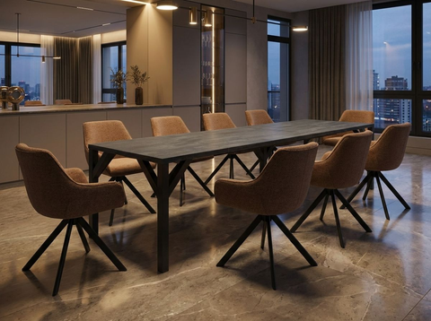 Essgruppe Dunaj - Beton Dunkel mit 8 Stühlen in Chenille Orange für 8 Personen