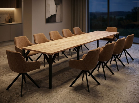 Essgruppe Dunaj - Eiche Craft Gold mit 10 Stühlen in Chenille Orange für 10 Personen