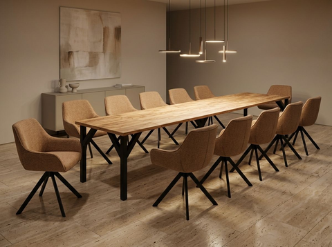 Essgruppe Dunaj - Eiche Craft Gold mit 14 Stühlen in Chenille Orange für 14 Personen
