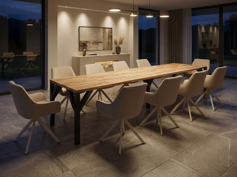 Essgruppe Dunaj - Eiche Craft Gold mit 10 Stühlen in Leinen Beige mit beigem Gestell für 10 Personen