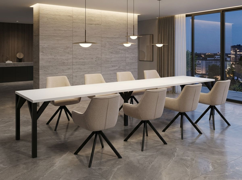 Essgruppe Dunaj - Weiss Hochglanz mit 8 Stühlen in Leinen Beige für 8 Personen
