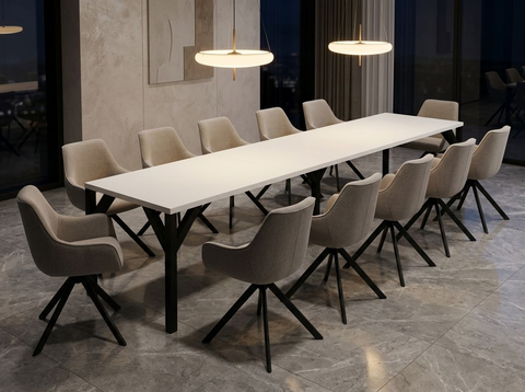 Essgruppe Dunaj - Weiss Hochglanz mit 12 Stühlen in Leinen Beige für 12 Personen