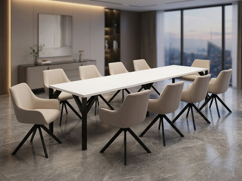 Essgruppe Dunaj - Weiss Hochglanz mit 10 Stühlen in Leinen Beige für 10 Personen