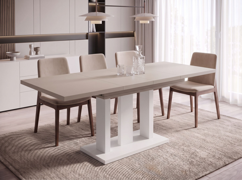 Essgruppe Appia White - Kaschmir-Beige mit 6 Stühlen in Chenille Dunkelblau für 6 Personen