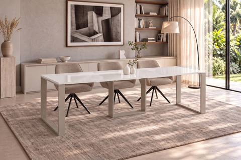 Ausziehbarer Esstisch Borys 130-210 x 80 cm für 4 6 8 Personen, Weiß Hochglanz, Kufengestell Kaschmir matt, Bild 1