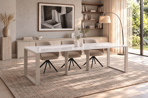 Ausziehbarer Esstisch Borys 130-250 x 80 cm für 4 6 8 10 Personen, Weiß Hochglanz, Kufengestell Kaschmir matt, Bild 1