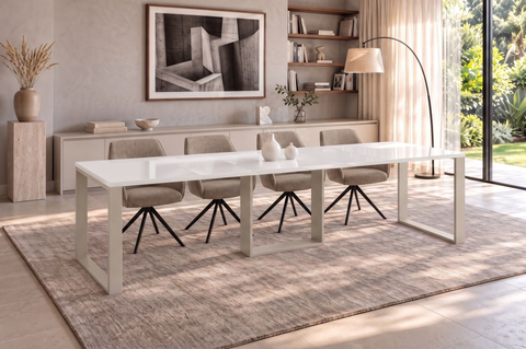 Ausziehbarer Esstisch Borys 130-290 x 80 cm für 4 6 8 10 12 Personen, Weiß Hochglanz, Kufengestell Kaschmir matt, Bild 1