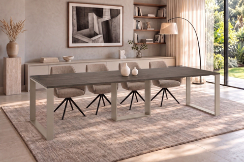 Ausziehbarer Esstisch Borys Bis 130-310 x 90 cm für 4 6 8 10 12 Personen, Beton Dunkel, Kufengestell Kaschmir matt, Bild 1