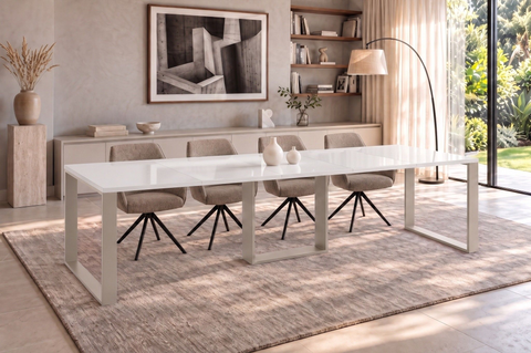 Ausziehbarer Esstisch Borys Bis 130-310 x 90 cm für 4 6 8 10 12 Personen, Weiß Hochglanz, Kufengestell Kaschmir matt, Bild 1