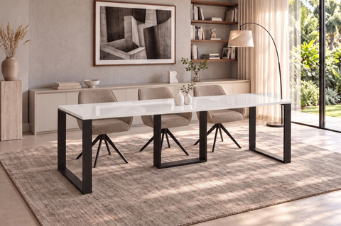 Ausziehbarer Esstisch Borys 130-210 x 80 cm für 4 6 8 Personen, Weiß Hochglanz, Kufengestell Schwarz, Bild 1