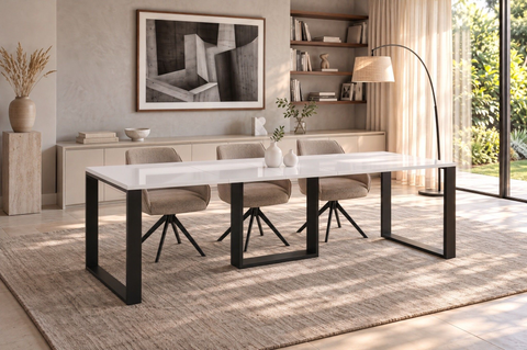 Ausziehbarer Esstisch Borys Max 130-250 x 85 cm für 4 6 8 10 Personen, Weiß Hochglanz, Kufengestell Schwarz, Bild 1