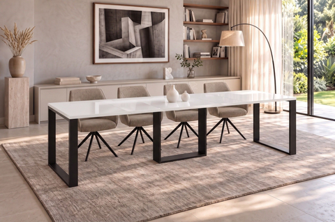 Ausziehbarer Esstisch Borys 130-290 x 80 cm für 4 6 8 10 12 Personen, Weiß Hochglanz, Kufengestell Schwarz, Bild 1