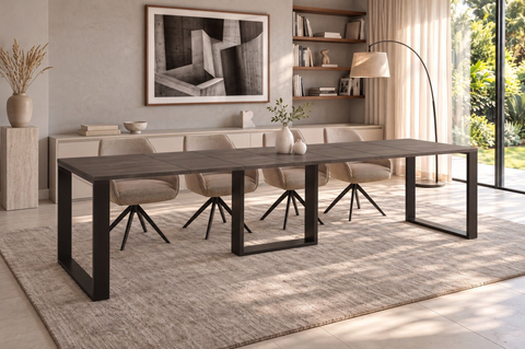 Ausziehbarer Esstisch Borys 130-330 x 80 cm für 4 6 8 10 12 14 Personen, Beton Dunkel, Kufengestell Schwarz, Bild 1