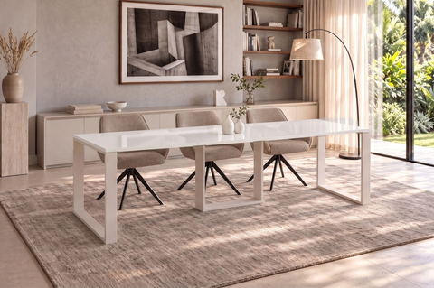 Ausziehbarer Esstisch Borys 130-210 x 80 cm für 4 6 8 Personen, Weiß Hochglanz, Kufengestell Weiß matt, Bild 1