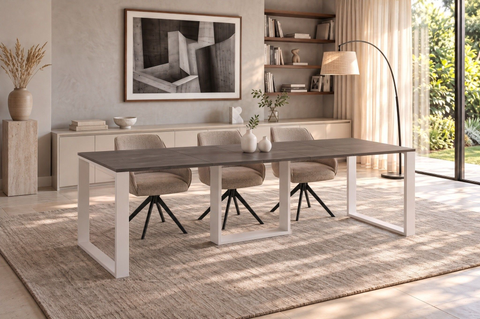 Ausziehbarer Esstisch Borys 130-250 x 80 cm für 4 6 8 10 Personen, Beton Dunkel, Kufengestell Weiß matt, Bild 1