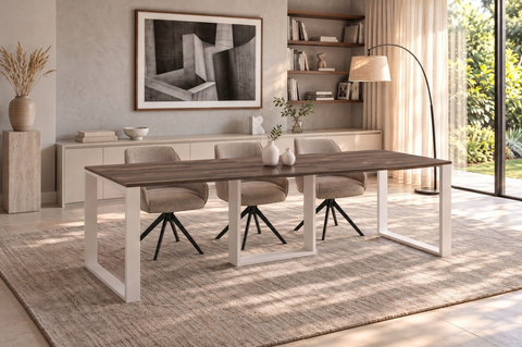 Ausziehbarer Esstisch Borys Max 130-250 x 85 cm für 4 6 8 10 Personen, Eiche Stirling, Kufengestell Weiß matt, Bild 1