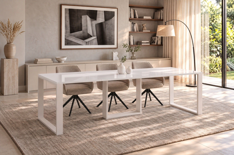 Ausziehbarer Esstisch Borys Max 130-250 x 85 cm für 4 6 8 10 Personen, Weiß Hochglanz, Kufengestell Weiß matt, Bild 1