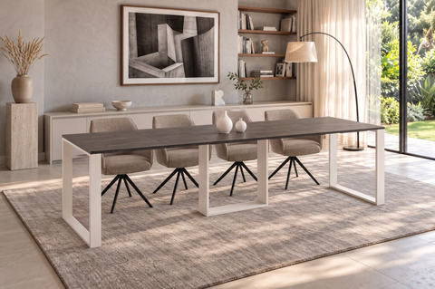 Ausziehbarer Esstisch Borys 130-290 x 80 cm für 4 6 8 10 12 Personen, Beton Dunkel, Kufengestell Weiß matt, Bild 1