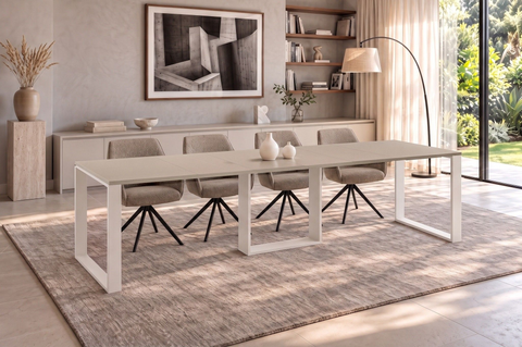 Ausziehbarer Esstisch Borys 130-290 x 80 cm für 4 6 8 10 12 Personen, Kaschmir, Kufengestell Weiß matt, Bild 1